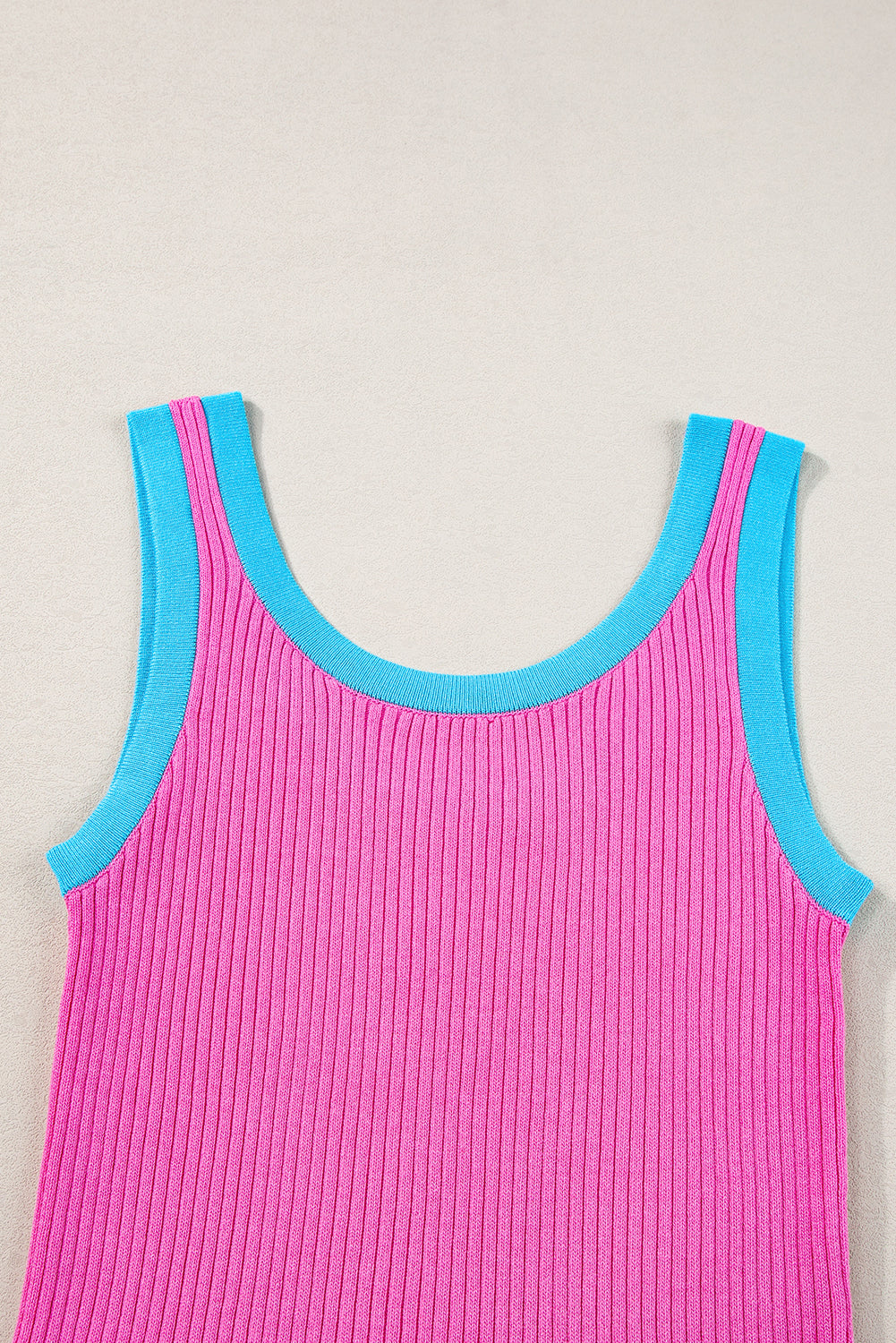 Blue Colorblock Edge Ribbed Knit U Neck Tank Top