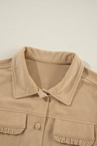 Light French Beige Solid Frilled Flap Pocket Button Up Corduroy Shacket