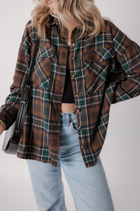 Brown Plaid Print Chest Pockets Buttoned Shirt Jacket