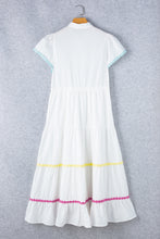 Load image into Gallery viewer, White Colorblock Rickrack Trim Short Sleeve Drawstring Waist Long Dress
