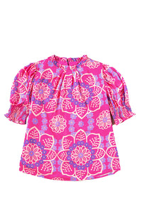 Rose Floral Print Frilled Neck Smocked Puff Sleeve Blouse