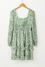 Load image into Gallery viewer, Green Floral Print Square Neck Shirred Waist Tiered Ruffled Mini Dress
