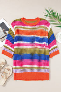 Pink Stripe Colorblock Hollowed Crochet 3/4 Sleeve Sweater