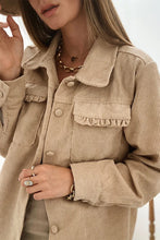 Load image into Gallery viewer, Light French Beige Solid Frilled Flap Pocket Button Up Corduroy Shacket
