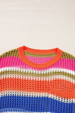 Load image into Gallery viewer, Pink Stripe Colorblock Hollowed Crochet 3/4 Sleeve Sweater
