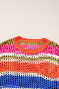 Pink Stripe Colorblock Hollowed Crochet 3/4 Sleeve Sweater