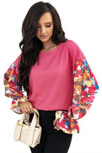 Load image into Gallery viewer, Sachet Pink Flower Patchwork Ruffled Sleeve Ribbed Knit Drop Shoulder Top
