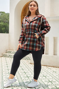 Green Plus Size Plaid Kangaroo Pocket Drawstring Hoodie