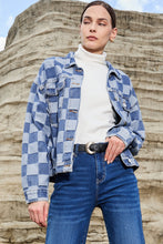 Load image into Gallery viewer, Light Blue Checkered Patchwork Button up Denim Jacket
