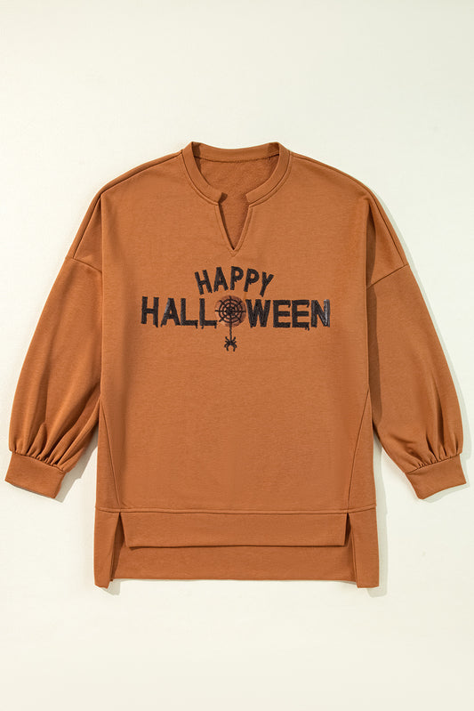 Chestnut Sequin Happy Halloween Graphic Notched Neck Long Sleeve Loose Top