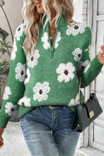 Load image into Gallery viewer, Green Floral Pattern Half Zip Drop Shoulder Sweater
