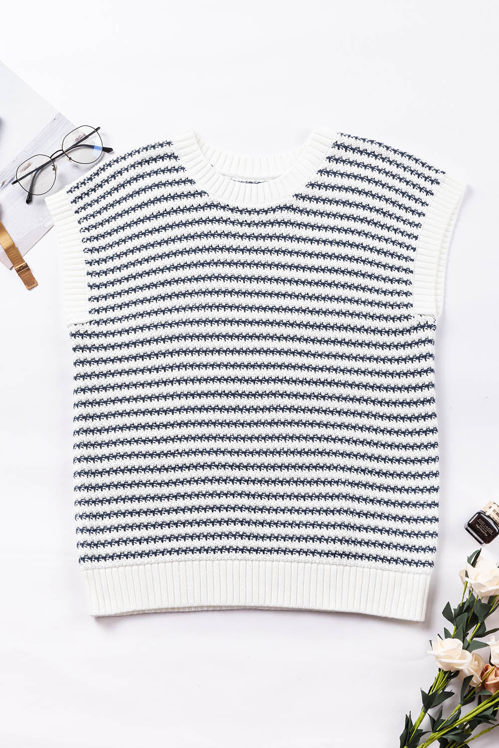 Red Stripe Ribbed Trim Loose Fit Knitted Sweater Vest