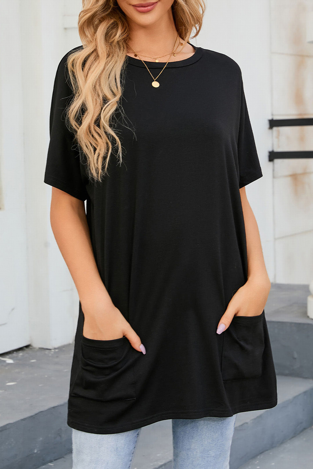 Gray Side Pockets Short Sleeve Tunic Top