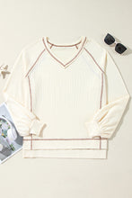 Load image into Gallery viewer, Beige Exposed Seam Textured Knit V Neck Pullover Top
