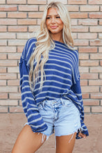 Load image into Gallery viewer, Sky Blue Stripe Drop Shoulder Casual Sweater
