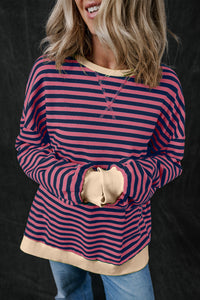 Blue Stripe Oversized Contrast Trim Pullover Sweatshirt