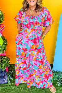 Multicolour Plus Size Floral Smocked Puff Sleeve Maxi Dress