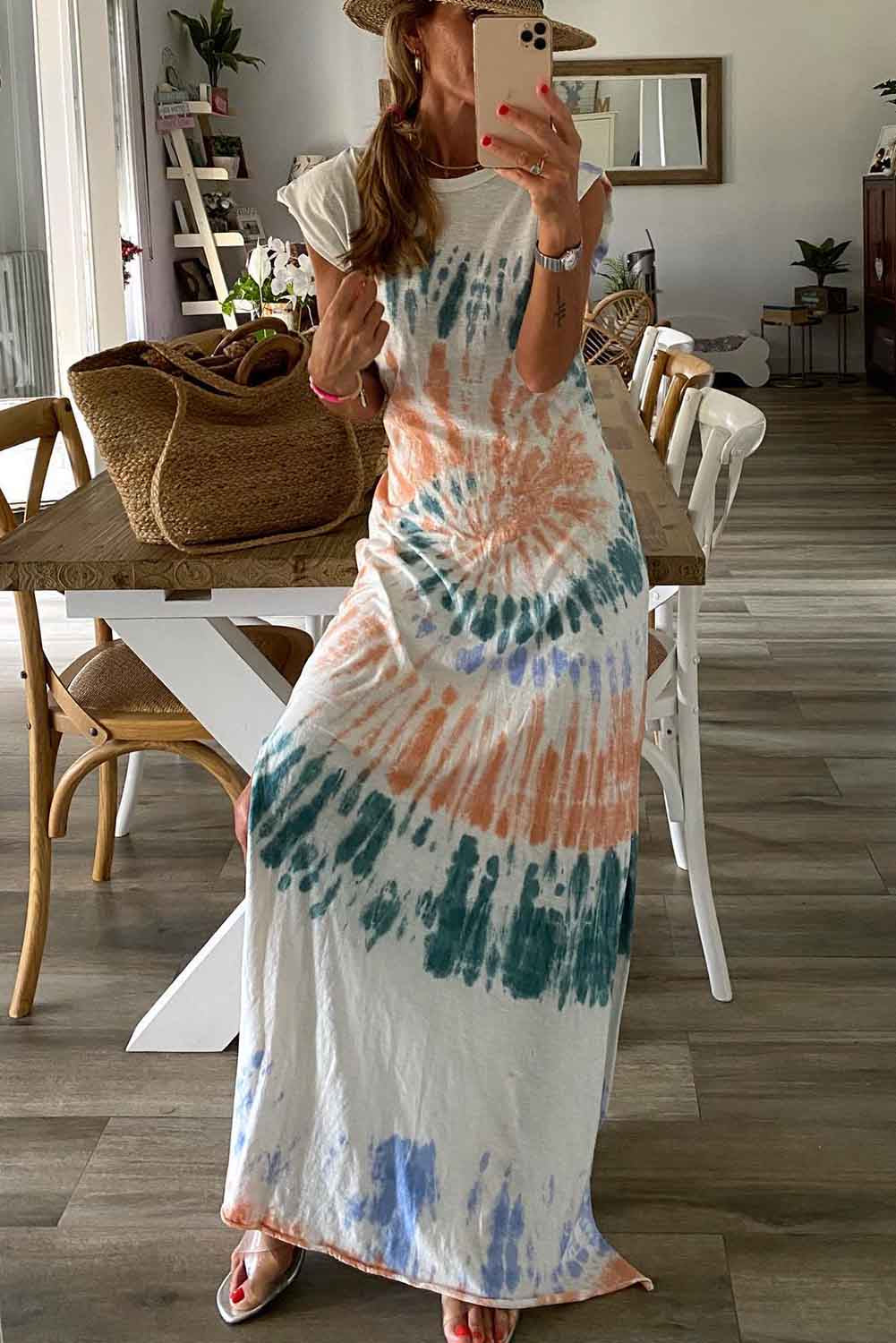 White Cap Sleeve Tie Dye Long Slit Dress