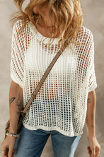 Load image into Gallery viewer, Apricot Fishnet Knit Ribbed Round Neck Short Sleeve Sweater Tee
