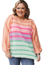 Load image into Gallery viewer, Pink Stripe Color Block Balloon Sleeve Crewneck Plus Size Sweater
