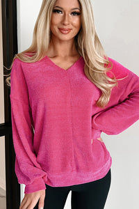 Rose Red Textured Long Sleeve V Neck Top