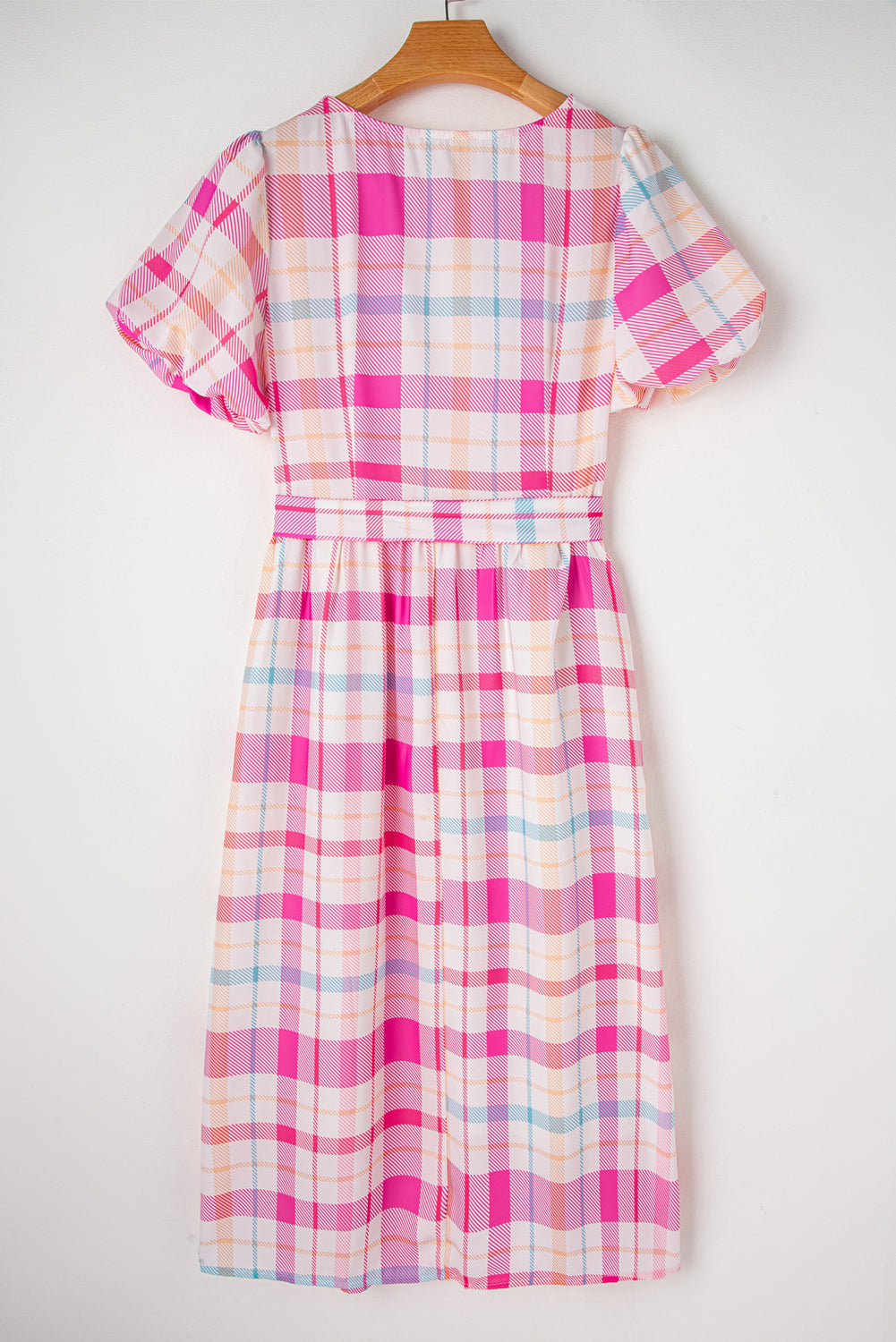 Pink Checkered Puff Sleeve Belted Midi Dress