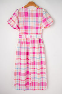 Pink Checkered Puff Sleeve Belted Midi Dress