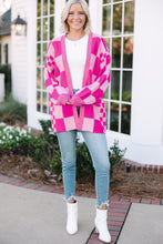 Load image into Gallery viewer, Rose Red Checkered Printed Ribbed Trim Open Front Cardigan
