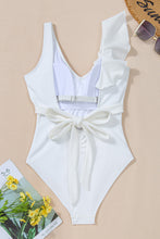 Load image into Gallery viewer, White Asymmetric Ruffle Trim Tie Waist One Piece Swimsuit
