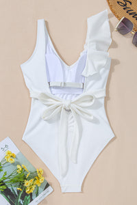 White Asymmetric Ruffle Trim Tie Waist One Piece Swimsuit