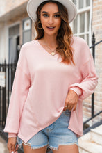 Load image into Gallery viewer, Light Pink Waffle V Neck Long Sleeve Drop Shoulder Loose Blouse
