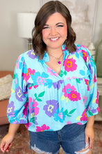 Load image into Gallery viewer, Light Blue Plus Size Floral Print Notched V Neck Babydoll Blouse
