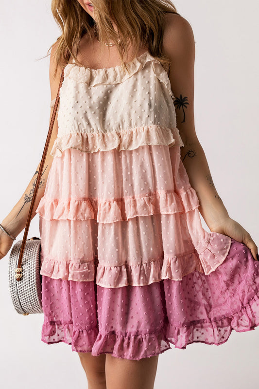 Pink Ombre Swiss Dot Ruffled Tiered Mini Dress