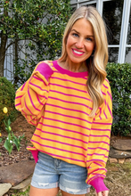 Load image into Gallery viewer, Orange Stripe Trimmed Round Neck Drop Shoulder Loose Sweater
