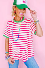 Load image into Gallery viewer, Rose Stripe Contrast Trim Crew Neck Loose Short Sleeve Top
