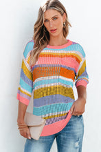 Load image into Gallery viewer, Pink Stripe Colorblock Hollowed Crochet 3/4 Sleeve Sweater
