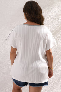 White Colorblock Patchwork Batwing Sleeve Ribbed Plus T Shirt