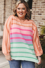 Load image into Gallery viewer, Pink Stripe Color Block Balloon Sleeve Crewneck Plus Size Sweater
