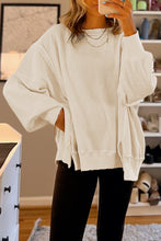 Load image into Gallery viewer, White Waffle Knit Bishop Sleeve Split Oversized Sweatshirt
