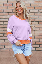 Load image into Gallery viewer, Orchid Bouquet Contrast Rib Knit Patchwork Drop Shoulder V Neck Sweatshirt
