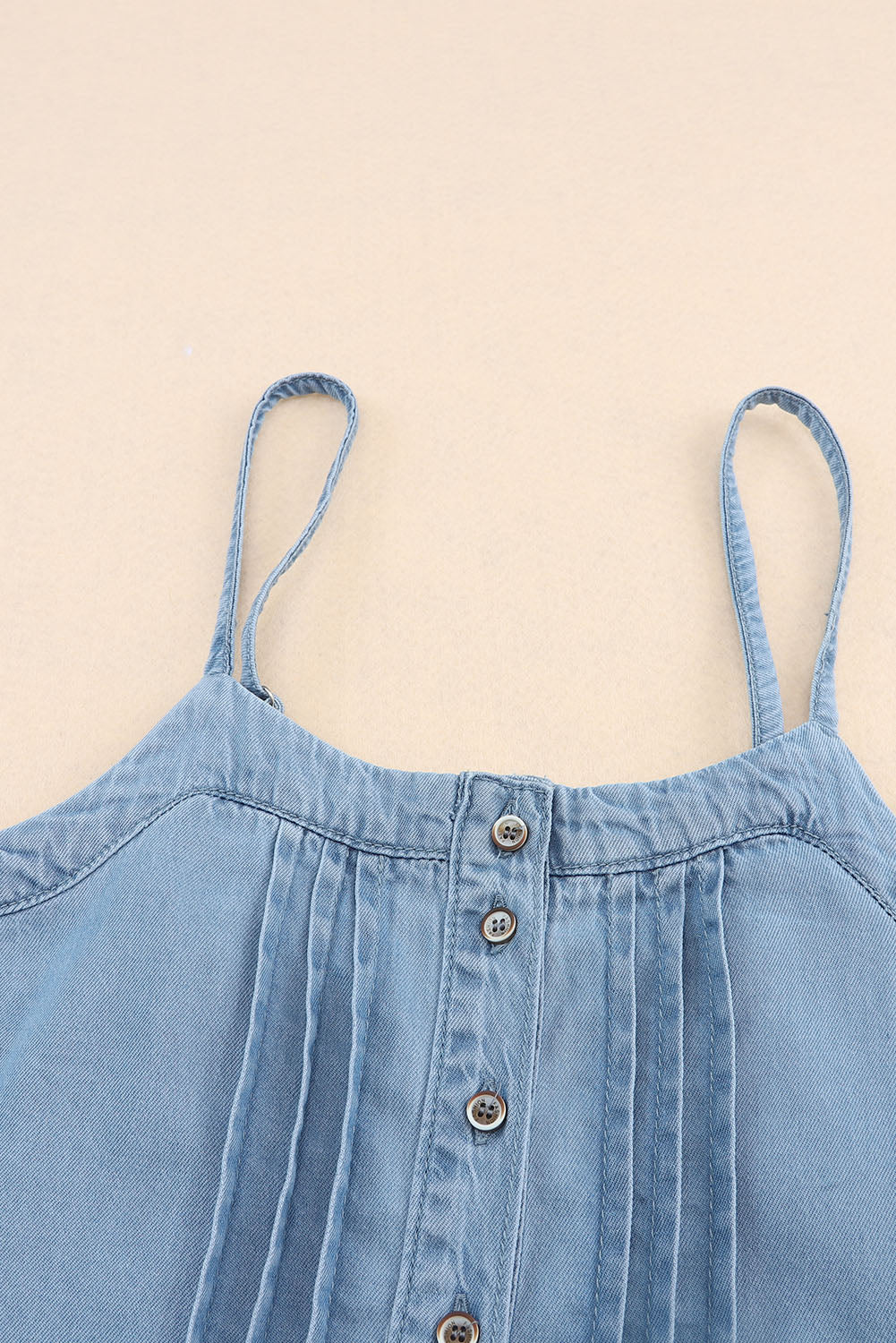 Sky Blue Pleated Buttons Denim Tank Top