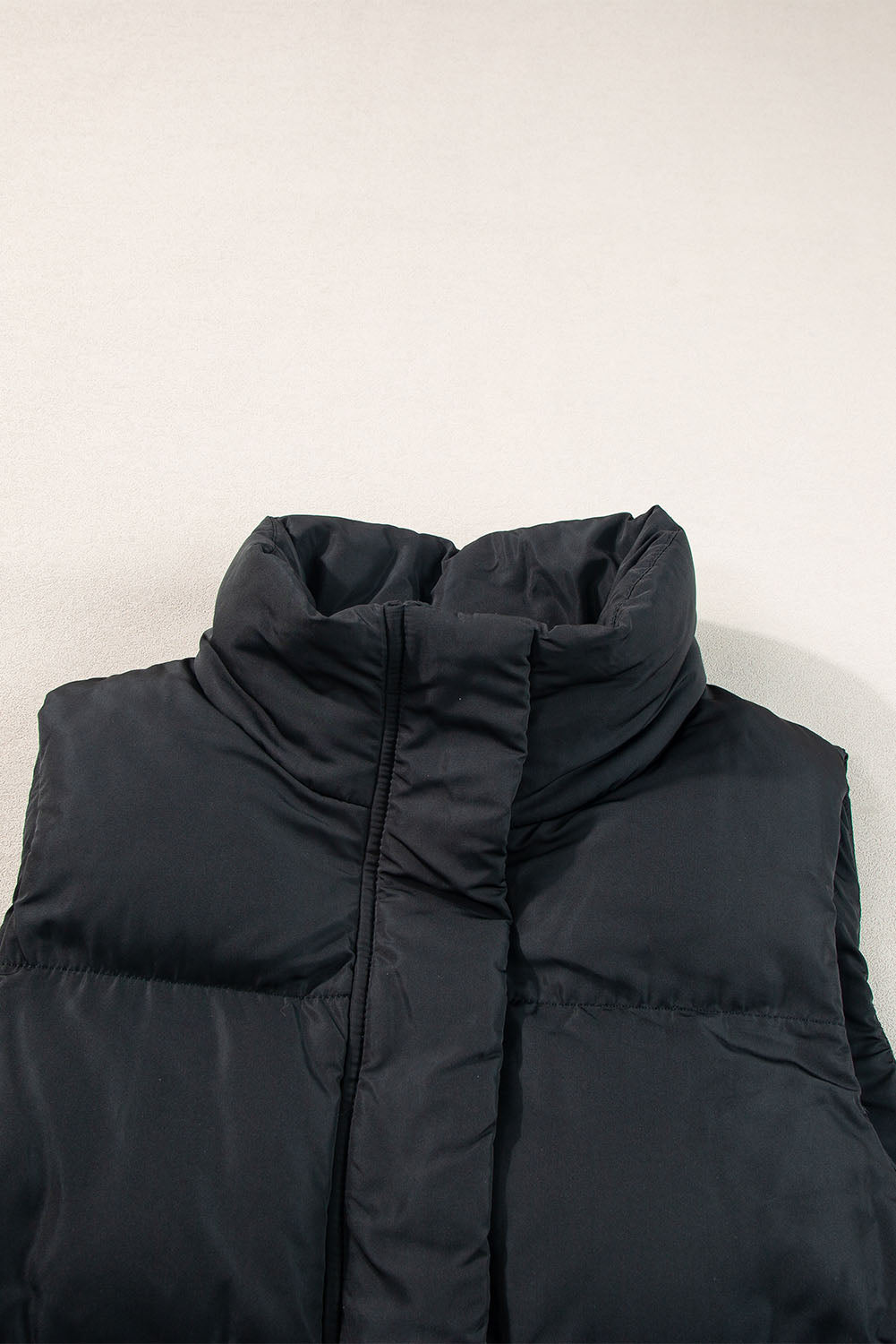 Black Windproof Longline Full Zipper Puffer Vest with Pockets