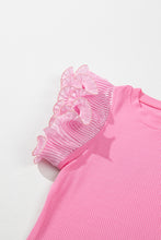 Load image into Gallery viewer, Strawberry Pink Ruffled Pleated Mesh Sleeve Ribbed Knit Slim Fit T Shirt
