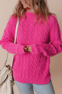 Rose Red Solid Cable Knit High Neck Drop Shoulder Sweater