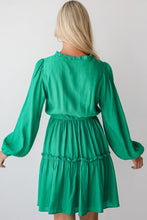 Load image into Gallery viewer, Sea Green Frilly V Neck Puff Sleeve Drawstring Shift Mini Dress
