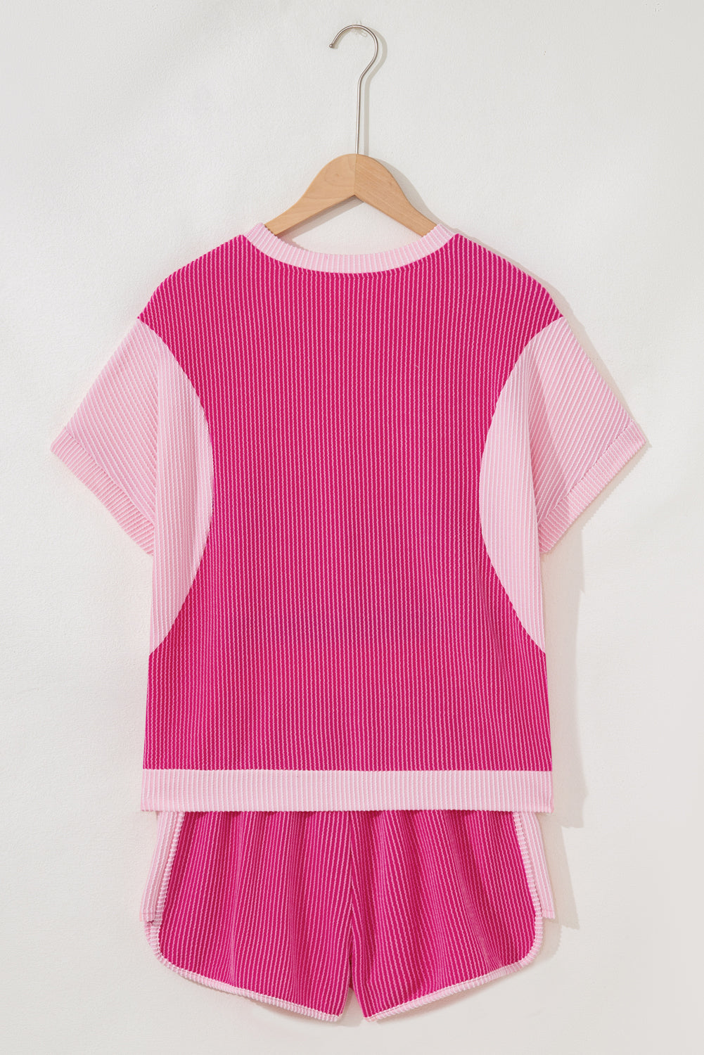 Rose Red 3D Spiral Ribbed Texture 2 Tones Patchwork Short Set