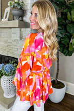 Load image into Gallery viewer, Orange Abstract Print 3/4 Sleeve V Neck Ruffled Babydoll Blouse
