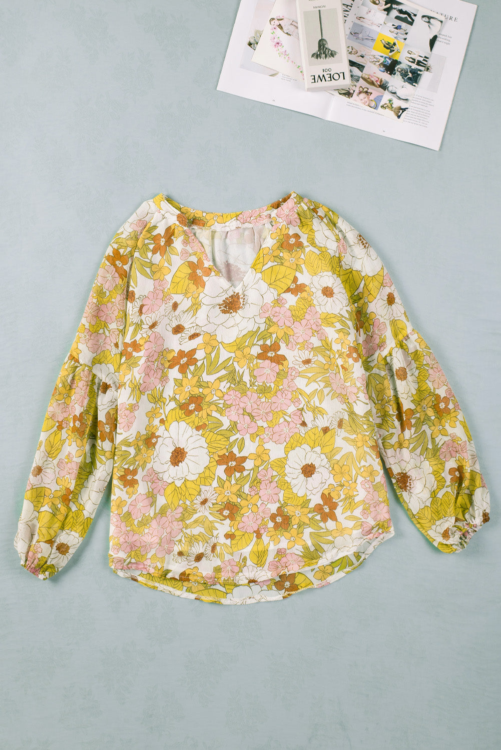 Multicolor Floral Print V Neck Long Puff Sleeve Top