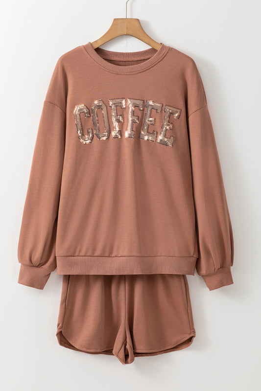 Black Sequined COFFEE Loose Fit Sweatshirt and Shorts Set