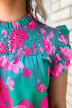 Load image into Gallery viewer, Green Floral Smocked Detail Ruffled Plus Size Blouse
